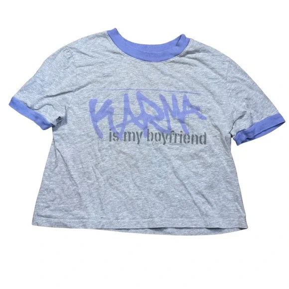 Taylor Swift Midnights Karma Is My Boyfriend Cropped Ringer T Shirt Size Medium - Picture 1 of 3